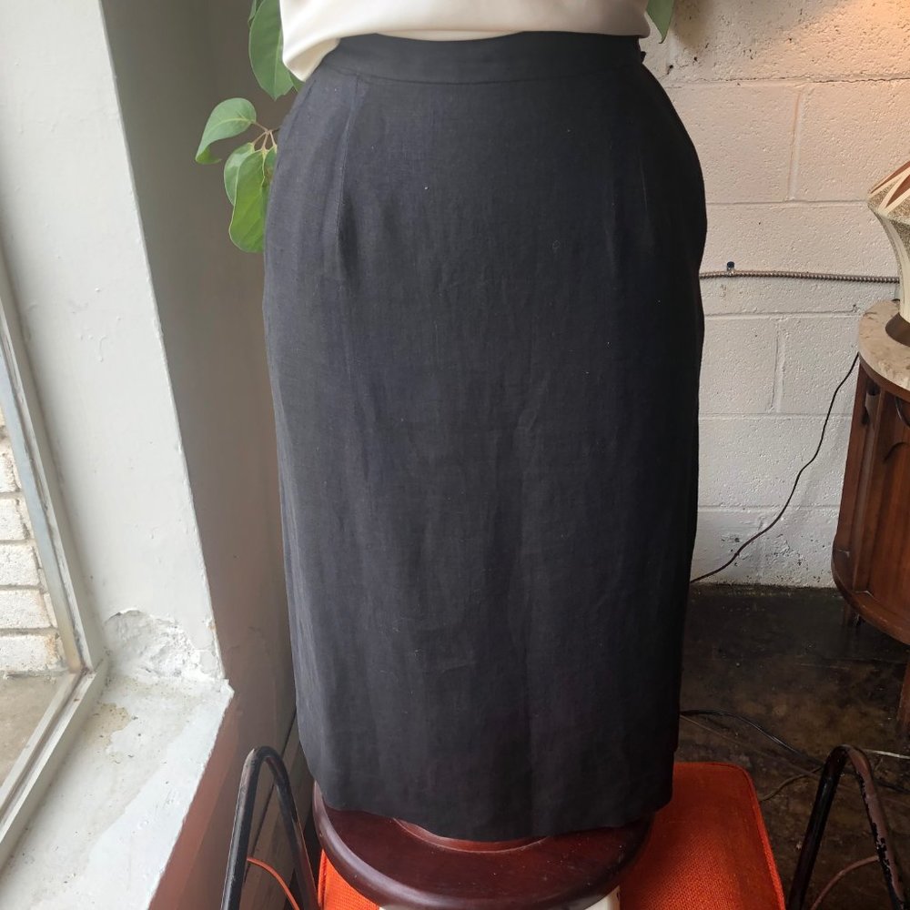 Vintage Black Linen pencil Skirt with Kick Pleat